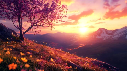 Sunlit blossom tree crowns a glowing alpine valley at dusk.