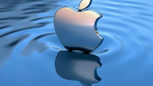 Metallic Apple logo floating on blue rippling water, digital art style.