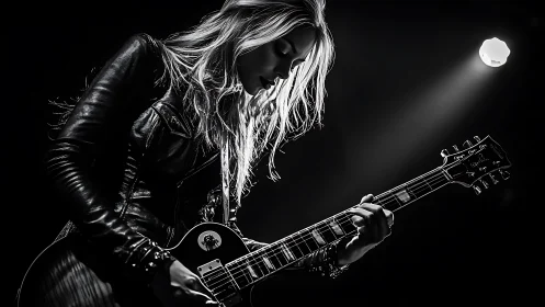 Backlit rock guitarist commands the stage in stark monochrome