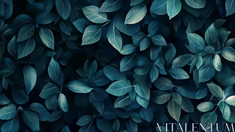 Dense arrangement of teal-toned leaves on dark background.