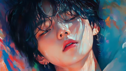 Digital portrait of youth with wet hair and colored light.