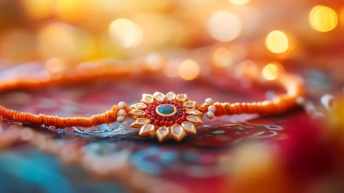 Radiant festive rakhi bracelet glows in warm golden light