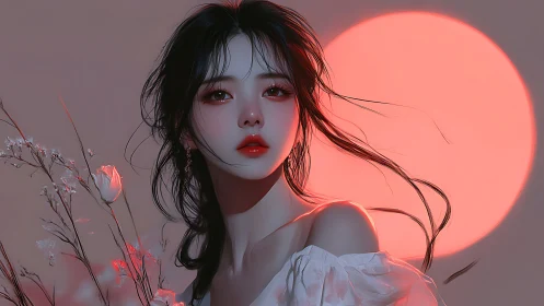 Backlit digital portrait of woman before oversized red sun