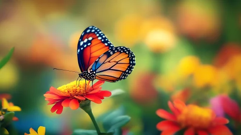Monarch butterfly on zinnia in soft bokeh garden field.
