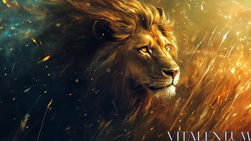 Majestic lion head emerges through swirling golden embers