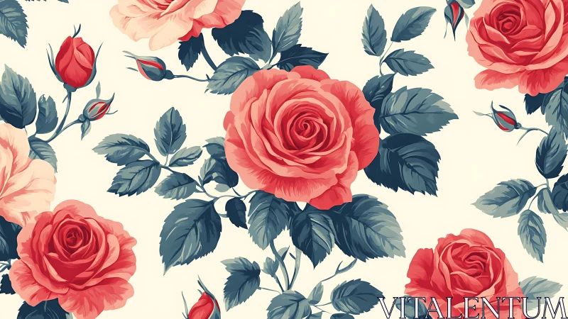 Romantic Rose Garden with Coral Blooms Against Cream Background.