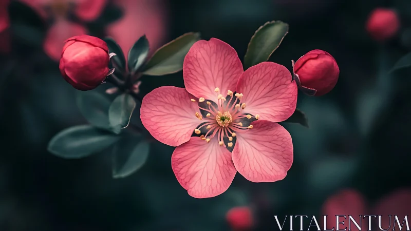Pink Blossoms with Crimson Buds Against Dark Foliage.