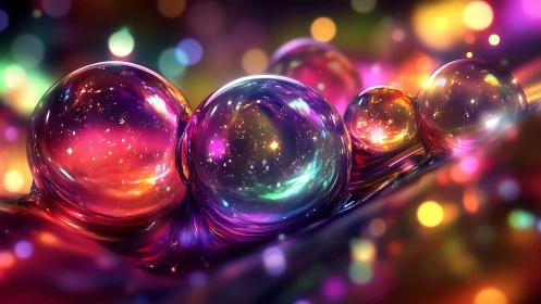 Glowing rainbow orbs sparkling like tiny pocket galaxies.