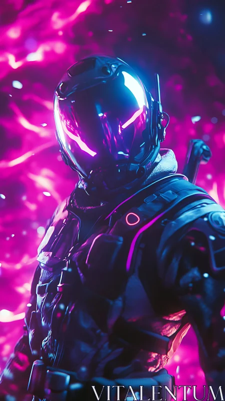 Neon vortex ranger in reflective armor amid magenta storm.