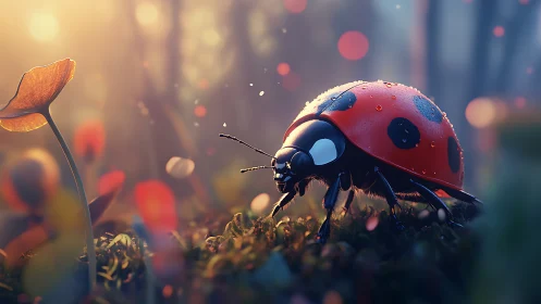 Ladybug walks through dewy forest floor in soft sunrise light
