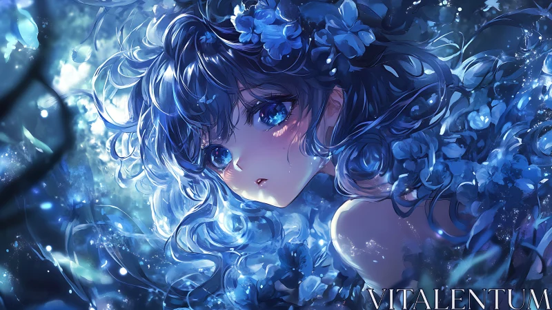 Blue-toned anime portrait shows girl amid dense floral forms