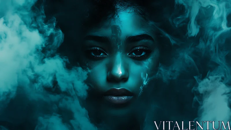 Mystical teal portrait merges human face with swirling vapor