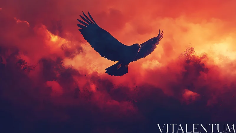 Silhouetted raptor gliding across fiery orange magenta storm