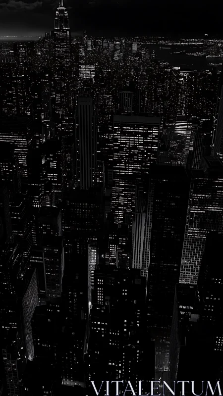 Noir skyline over dense night city grid of lights.