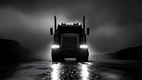Backlit semi-truck silhouette on wet roadway under heavy rain