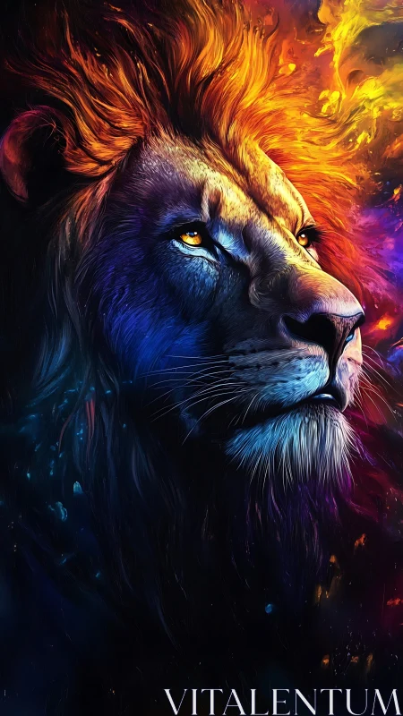 Regal lion profile with blazing neon cosmic mane