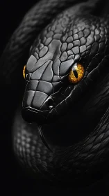 Obsidian serpent close-up with molten amber predator gaze.