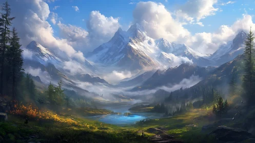 Sunlit alpine valley with towering snow peaks and river.