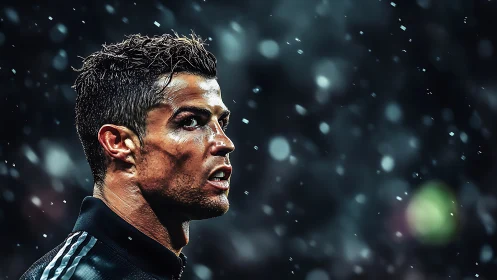 Storm-lit footballer locked in laser focus under snowfall.