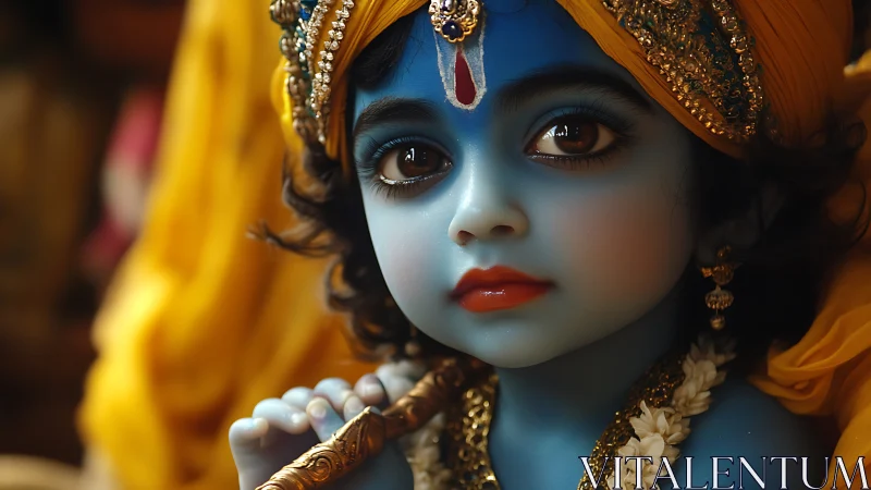 Luminous blue child deity with gilded flute and quiet wonder.