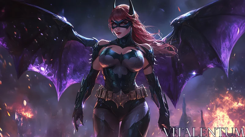 Dark winged heroine in armored batsuit over burning city