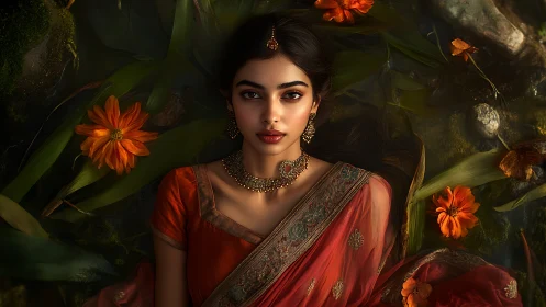 Elegant woman in traditional attire surrounded by flowers, cinematic portrait.