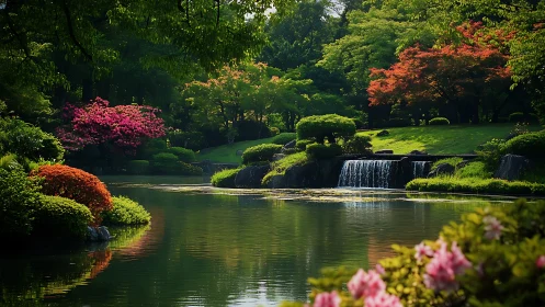 Lakeside garden shows tiered waterfall and dense spring foliage