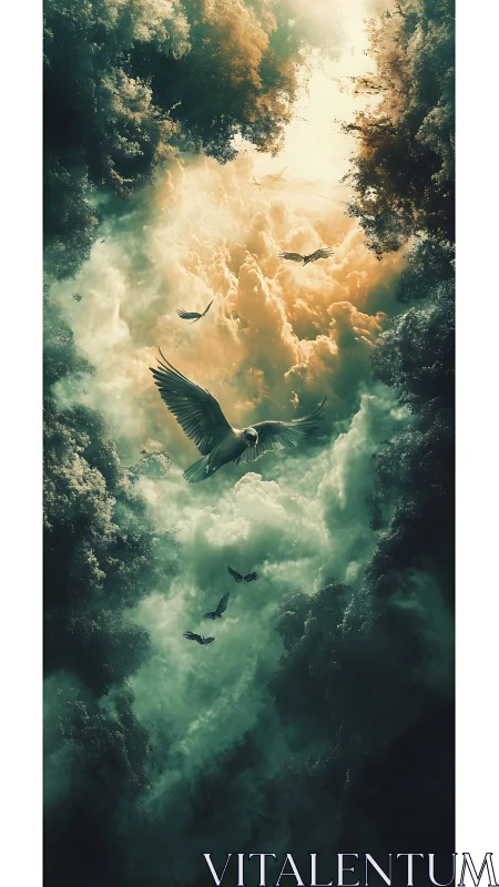 Birds drifting through a glowing canyon of dreamlike clouds.