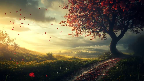 Red tree beside rural path under glowing sunset sky.