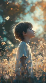 Young boy standing in dreamy flower field at sunset.