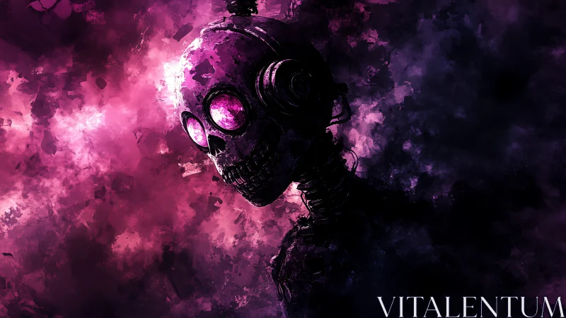 Cybernetic skull portrait in neon magenta atmospheric haze.