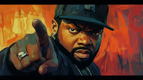 Intense hip hop portrait with pointed gesture, fiery backdrop.