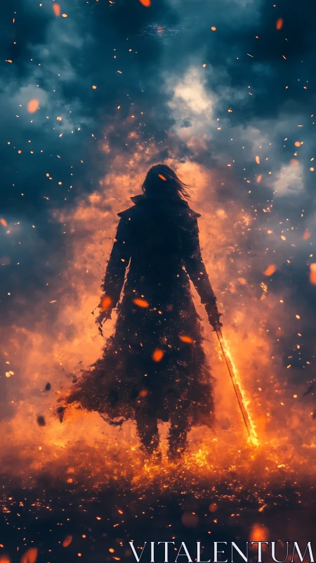 Lone warrior silhouette engulfed in cinematic volcanic fire.