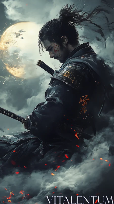 Samurai warrior stands in profile within dense lunar fog