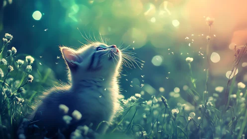 Ethereal Kitten Gazing Skyward Through Flowering Meadow.