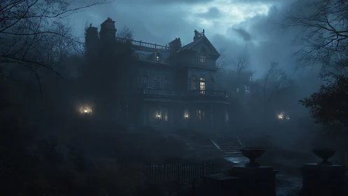 Moonlit Victorian mansion wrapped in curious midnight fog.