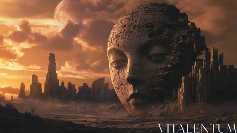 Colossal stone dreamer crumbles quietly beneath twin dusk skies