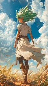 Wind-swept anime wanderer strides through sunlit wheat field