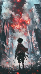 Lone youth confronts burning sky over shattered city street