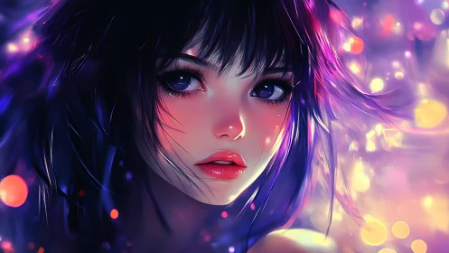 Neon lit anime girl portrait with glowing bokeh lights.