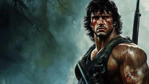 Battle-hardened soldier stands tense against misty jungle