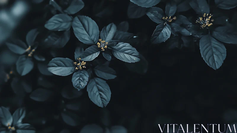 Midnight leaves cradle tiny golden blooms in moody hush.