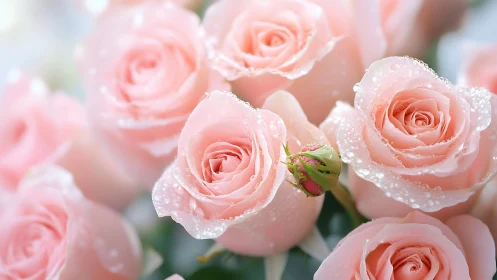 Pink roses covered with water droplets in soft focus.