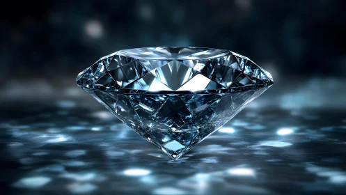 Brilliant Cut Diamond on Reflective Surface in Dramatic Lighting.