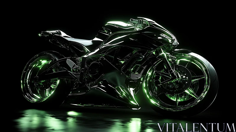 Futuristic black sport motorcycle with neon green lights.