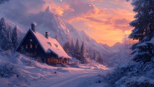 Snowlit cabin dreams beneath a flaming alpine sunset sky.