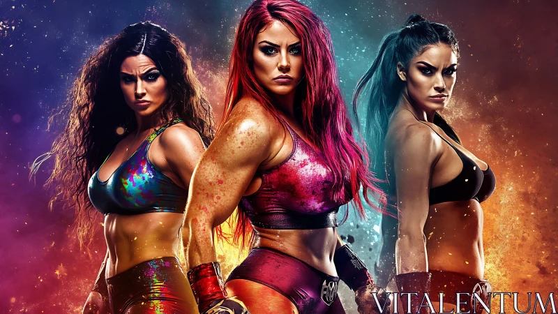 Three powerful female wrestlers in vibrant, dramatic digital art.