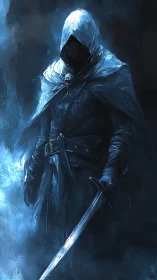 Hooded swordsman stands in blue-tinted atmospheric darkness