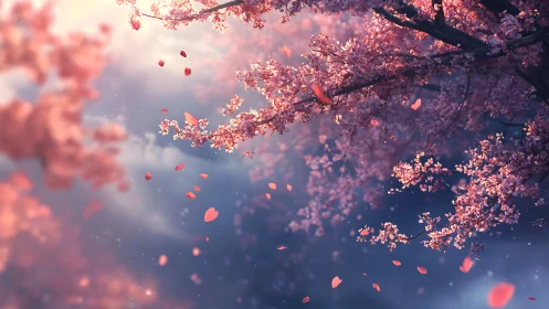 Cherry blossoms drifting across soft twilight sky.