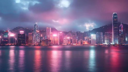 Neon harbor skyline under moody clouds reflects soft light.